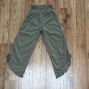 Wide Leg Smocked Waist Ruffle Hem Pants - Olive